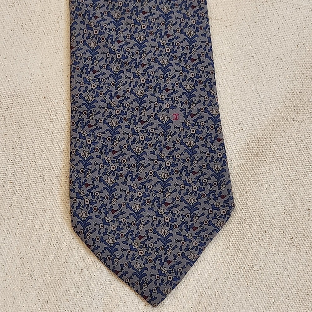 Vintage CHANEL Silk Tie Blue Burgundy Floral Pattern CC Monogram Coco France